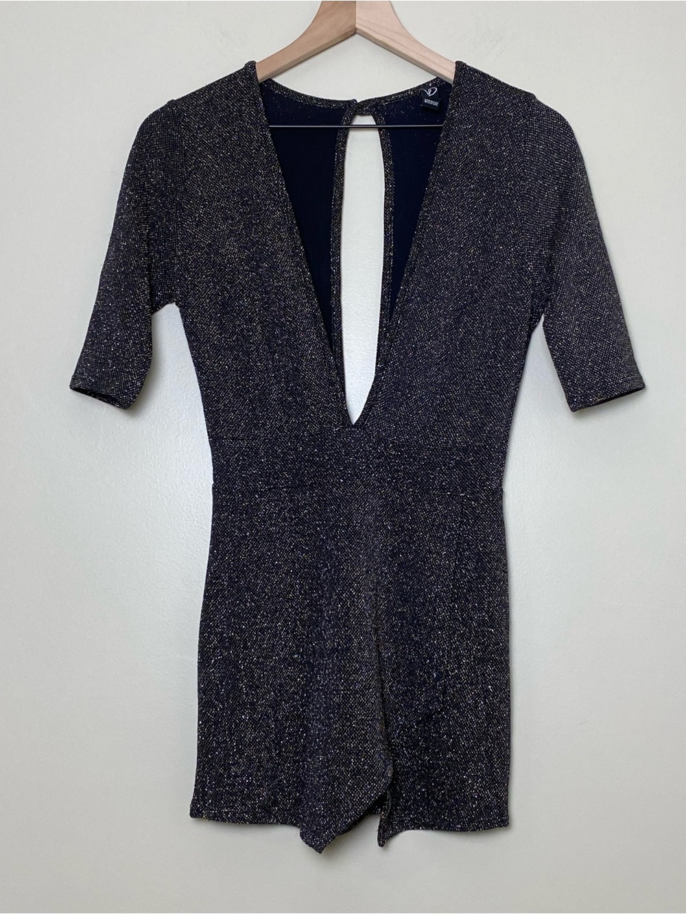 Y2K Bodycon Sparkly Black Romper Deep V Cutout Club Evening Glam Medium